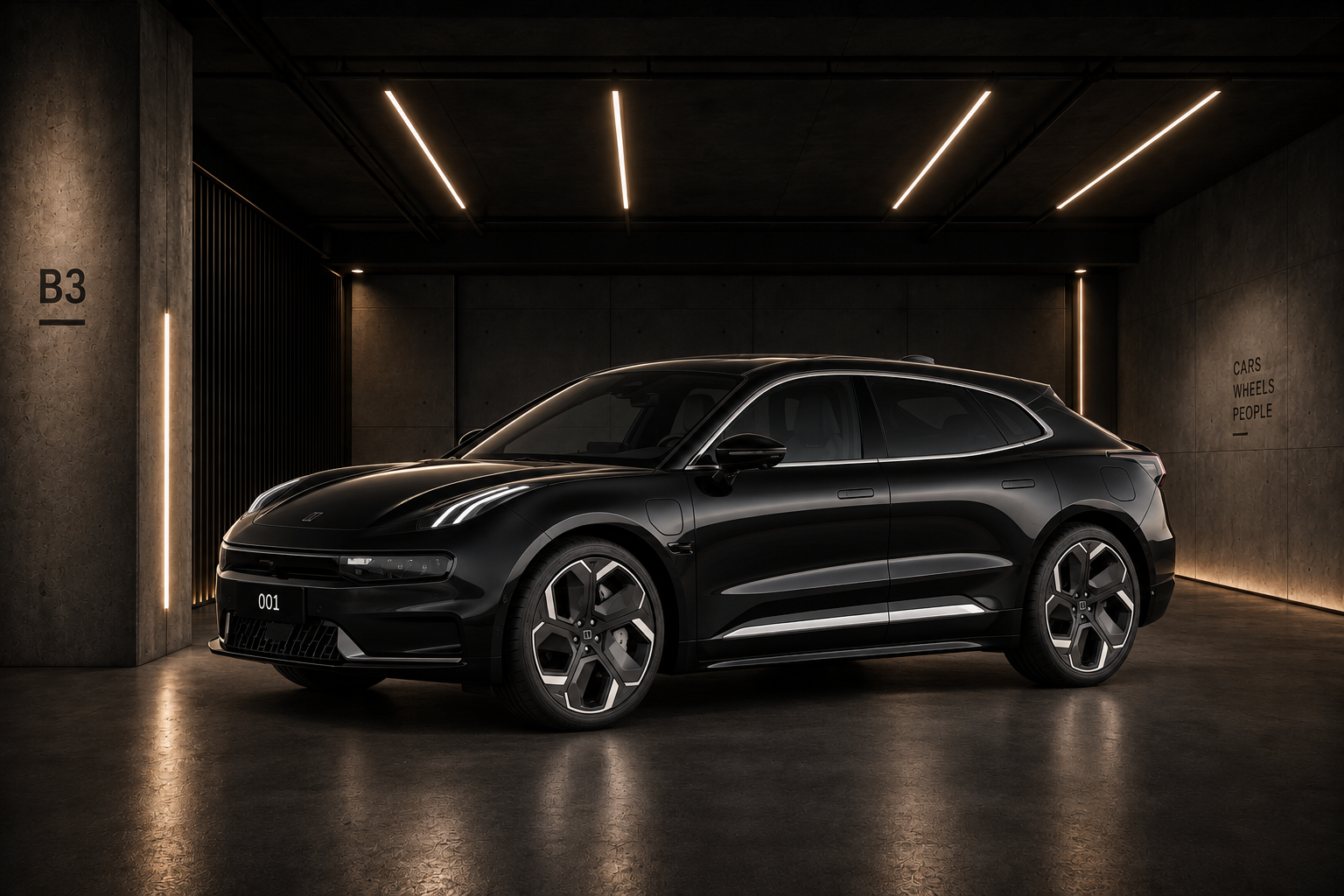Editorial render of a black Zeekr 001 in a dark garage